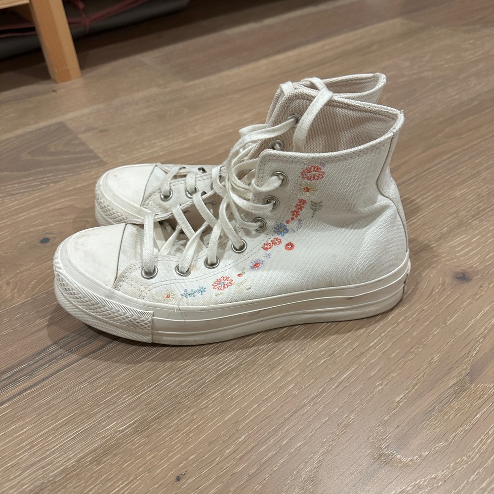 Converse White High-Top Sneakers with Floral Embroidery